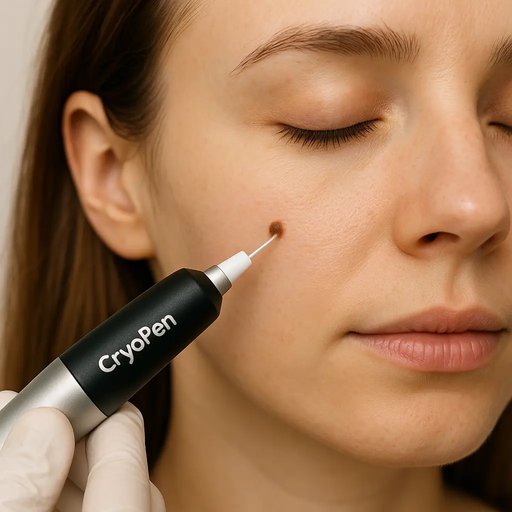 woman receiving facial mole removal West Midlands using cryopen 